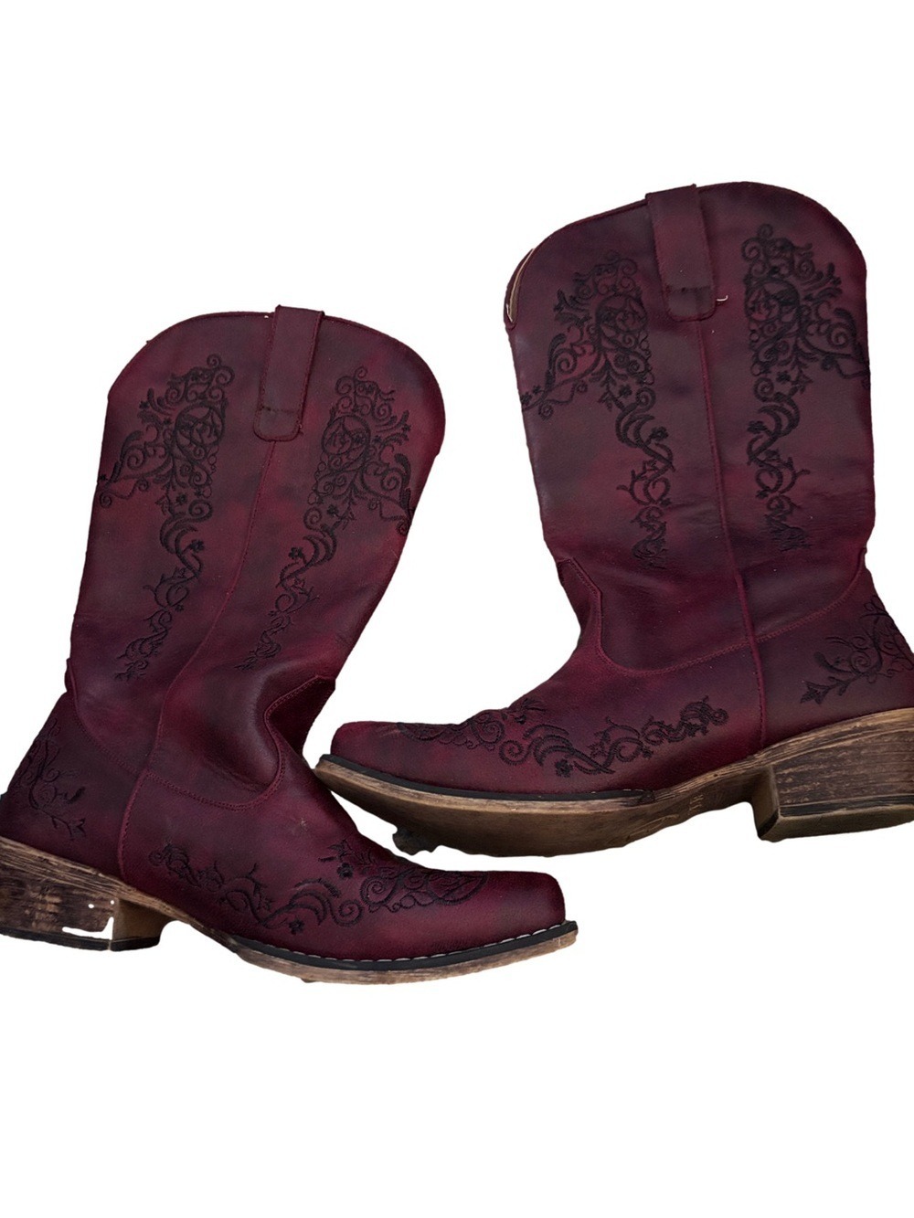 Roper burgundy embroidered Western Boots. Sz 9.5 Snip toe faux leather rodeo